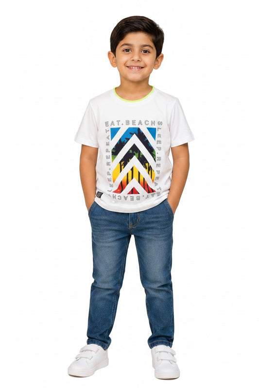 Ollypop Boys Beach Graphic Half Sleeve T-Shirt - White