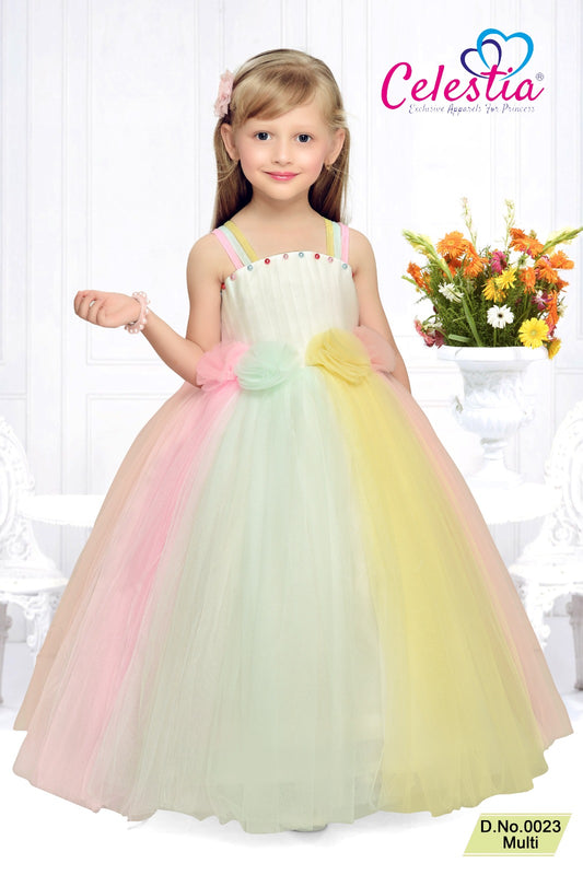 Celestia Girls Rainbow Layered Net Ball Gown in Multi