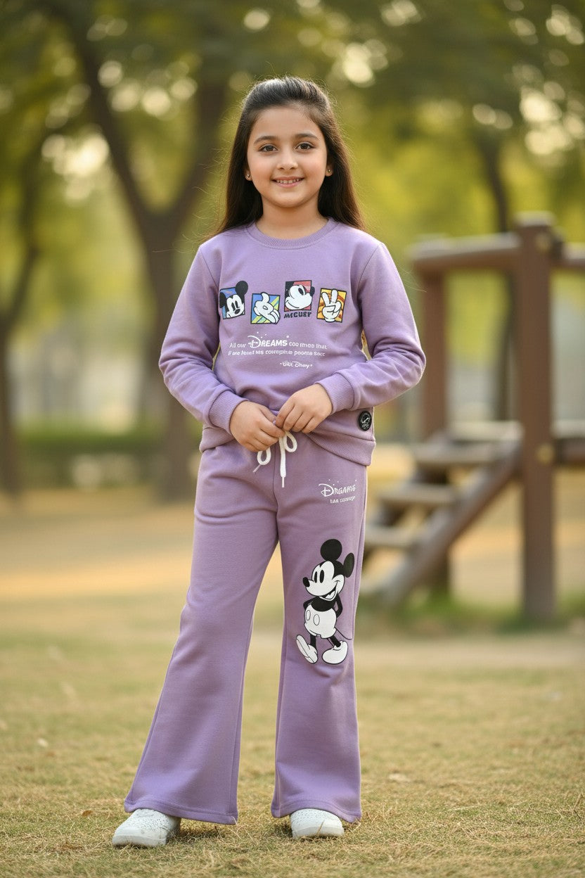 Hefty girls lavender cartoon print sweatshirt and flared pant co-ord set