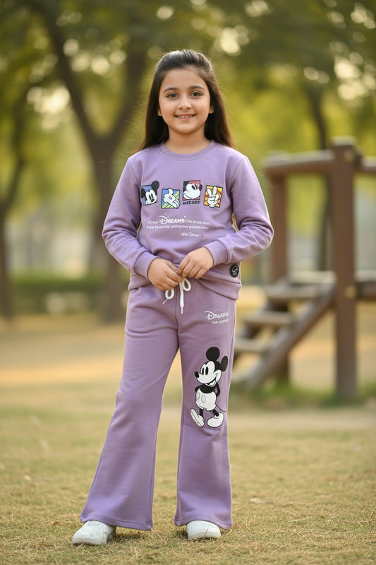 Hefty girls lavender cartoon print sweatshirt and flared pant co-ord set