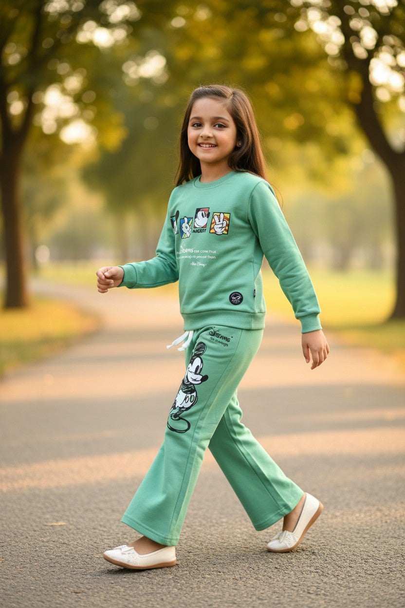 Hefty girls mint cartoon print sweatshirt and flared pant co-ord set