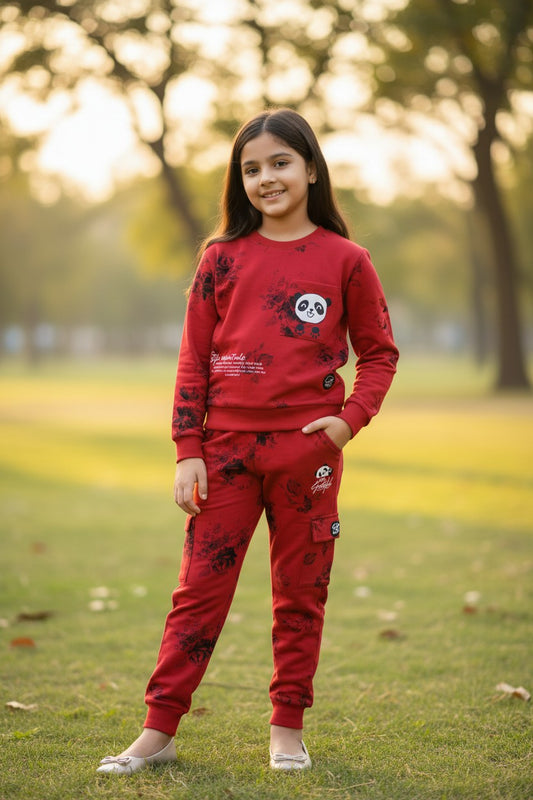 Hefty girls red panda patch sweatshirt and printed cargo jogger co-ord set