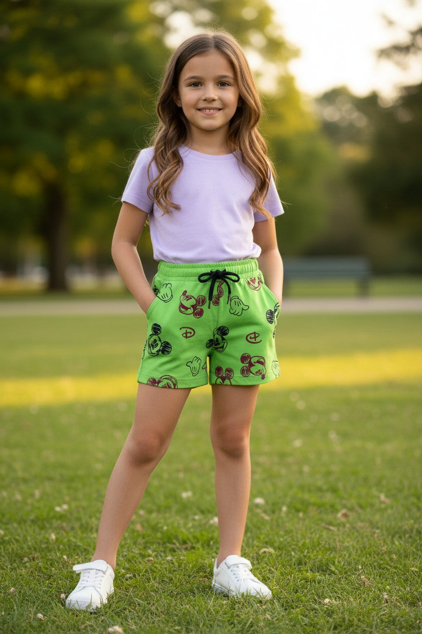 Tomato girls character motif print shorts in Lime Green