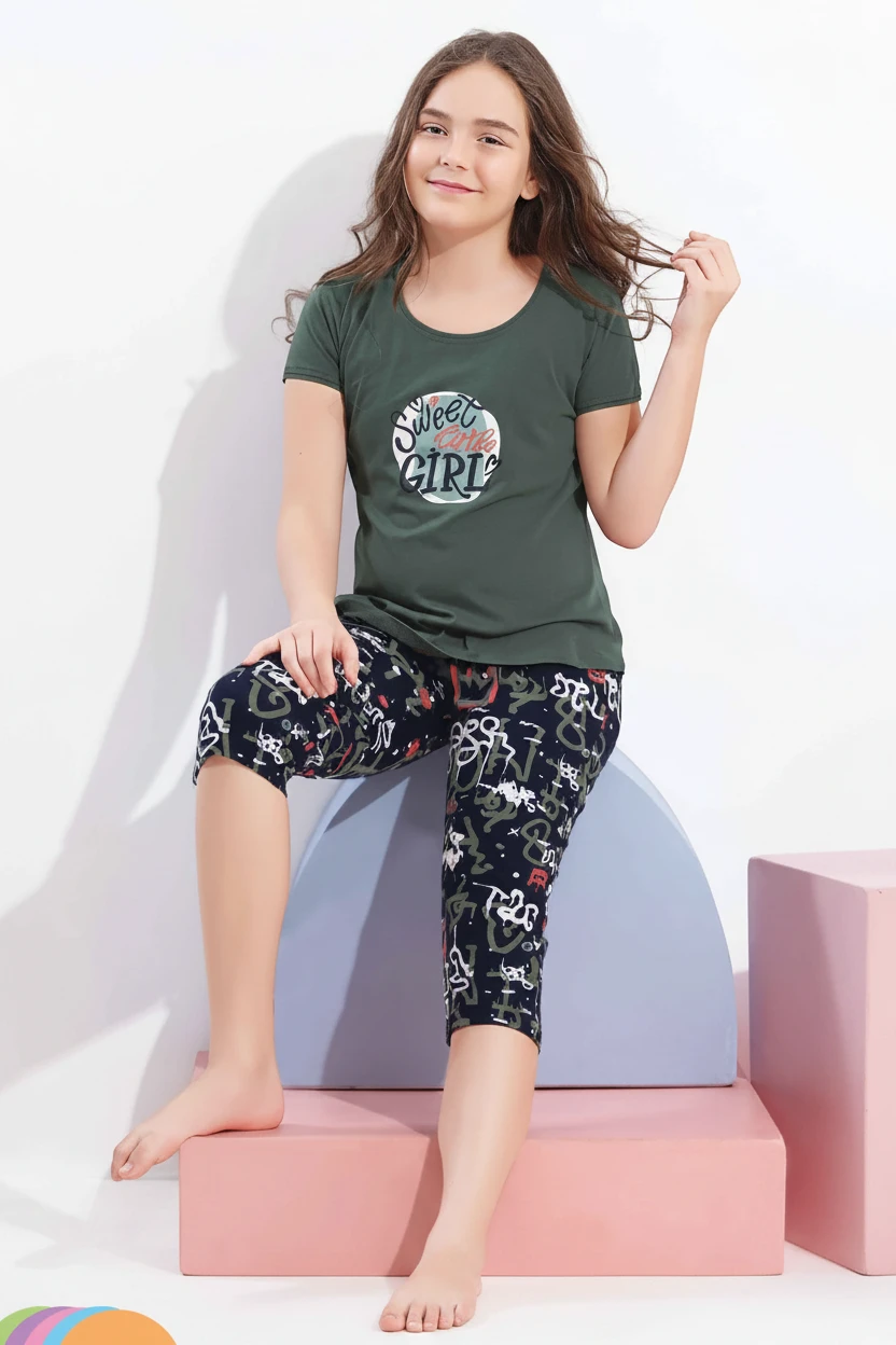 Girl in an olive green Sweet Girl tee and printed capri, In Touche kids night suit