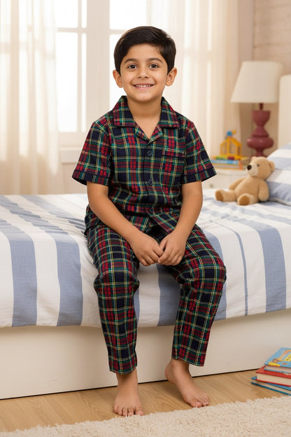 Ollypop Boys Checked Half Sleeve Night Suit - Navy Blue