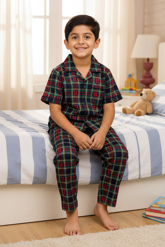 Ollypop Boys Checked Half Sleeve Night Suit - Navy Blue