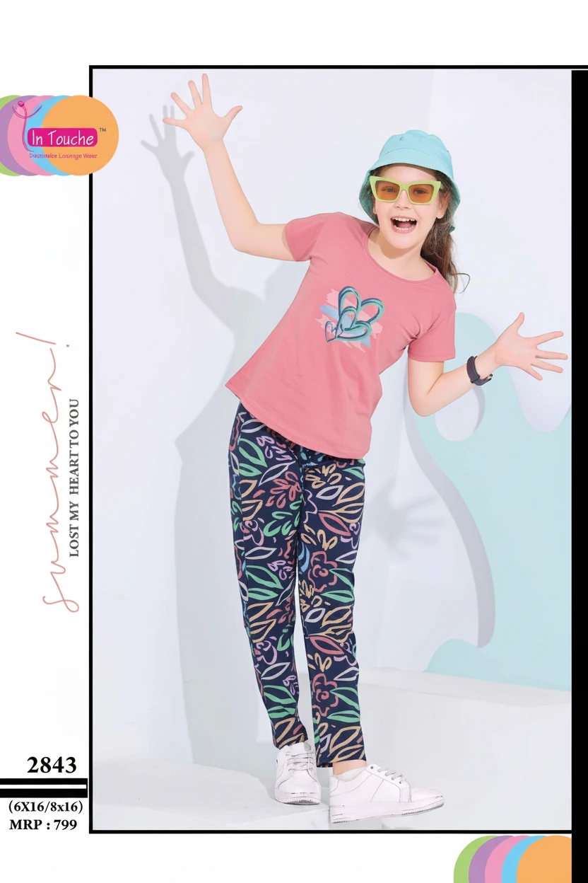 Girl in a pink triple heart print tee and printed pyjama, In Touche kids night suit