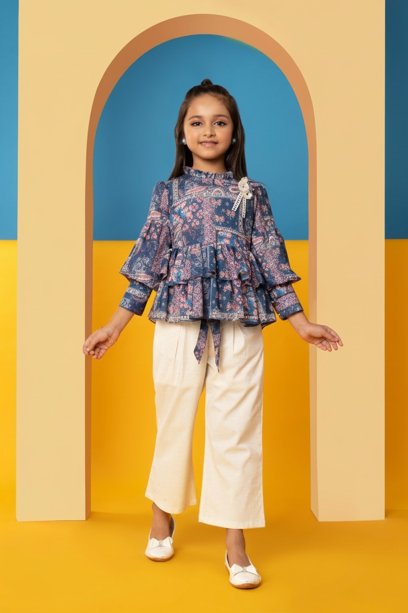 Mini Angel Girls Printed Top Palazzo Set - blue printed peplum top with ivory palazzo