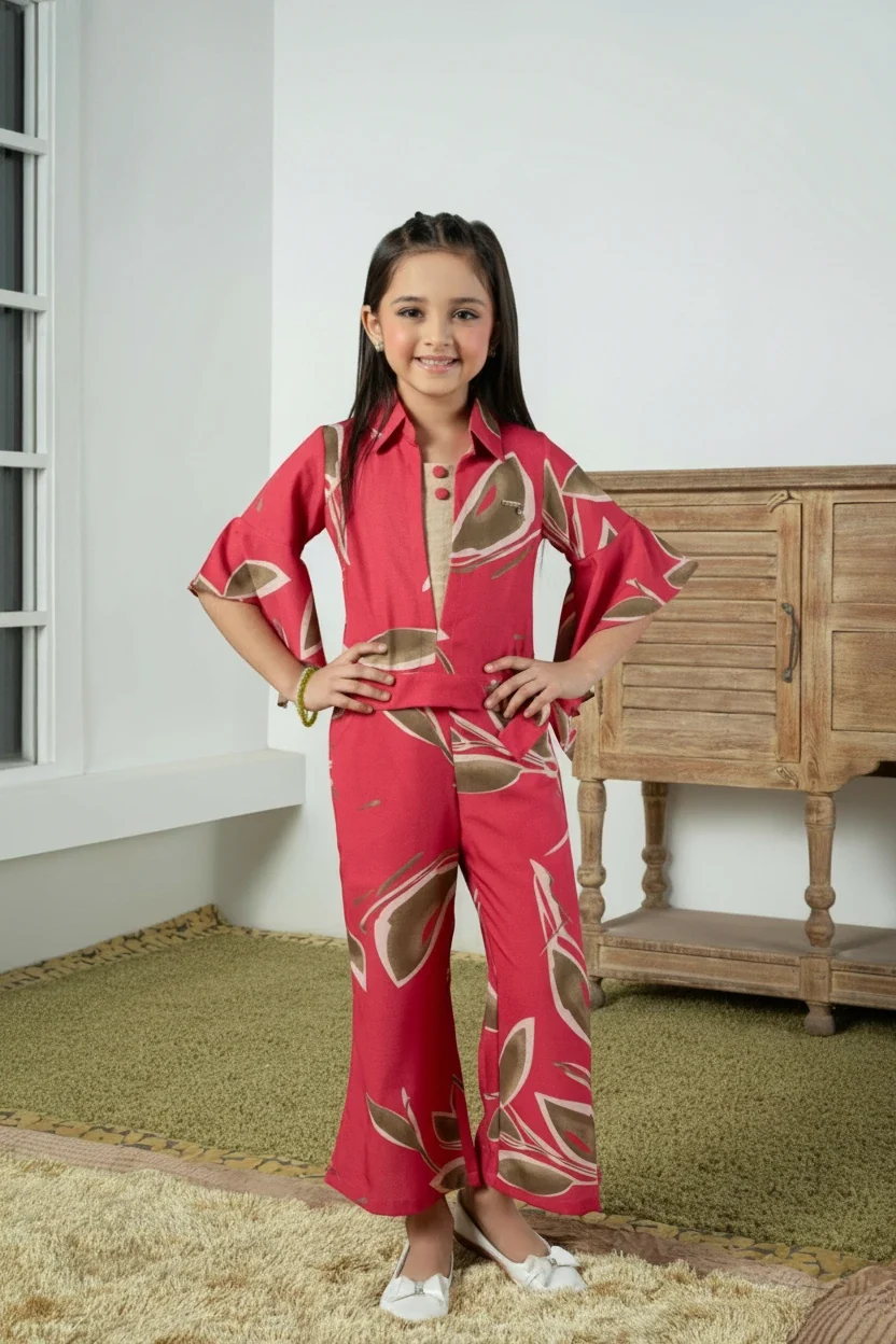Girl in a red printed shirt and palazzo co-ord set by Mini Angel