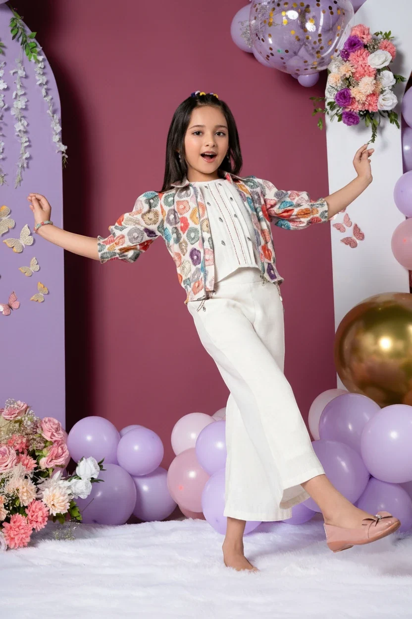 Girl in a cream embroidered jacket three piece set by Mini Angel