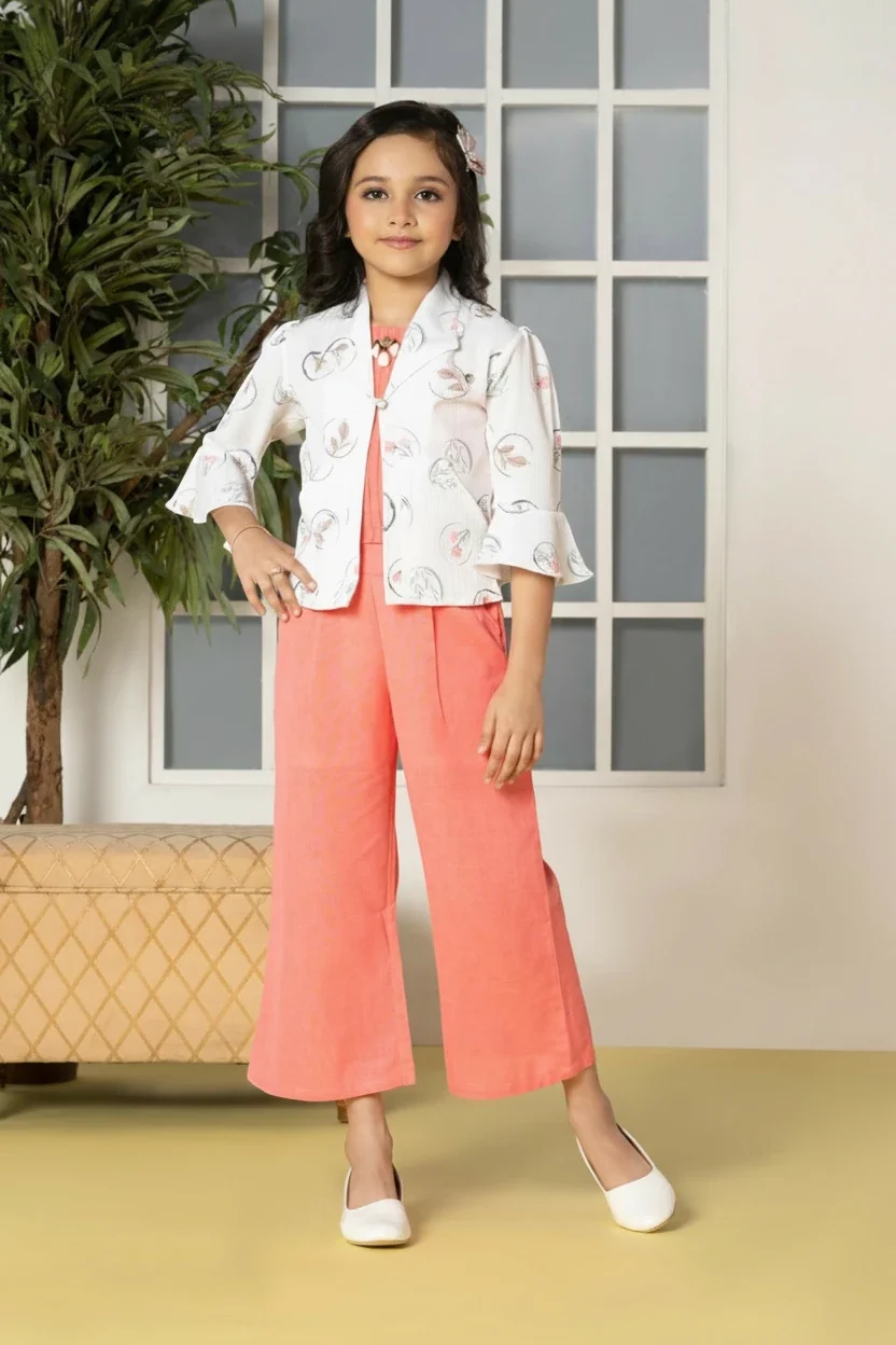Girl in a cherry printed jacket and palazzo set by Mini Angel