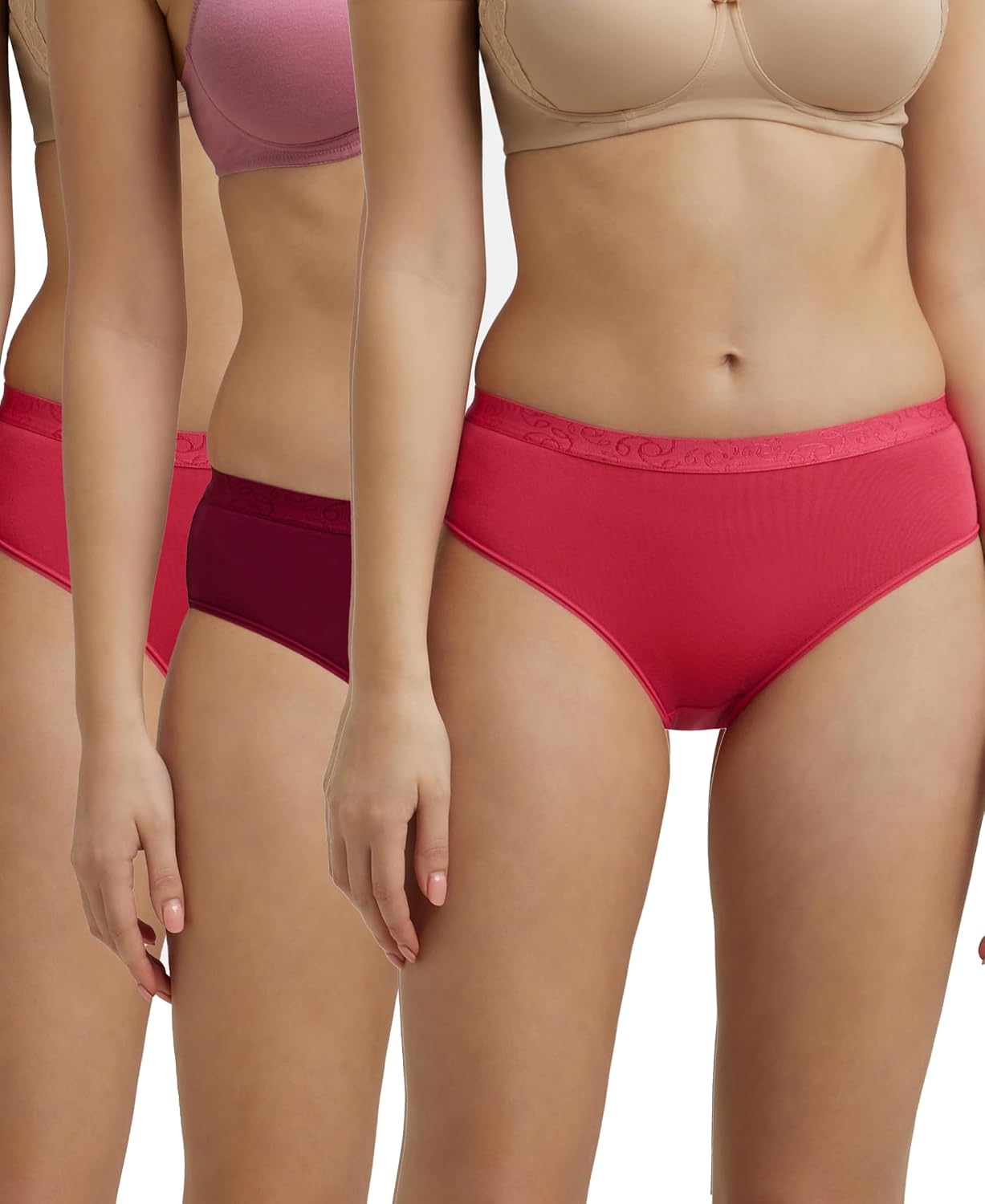 Two models wearing Jockey women's stretch cotton hipster panties in pink and maroon