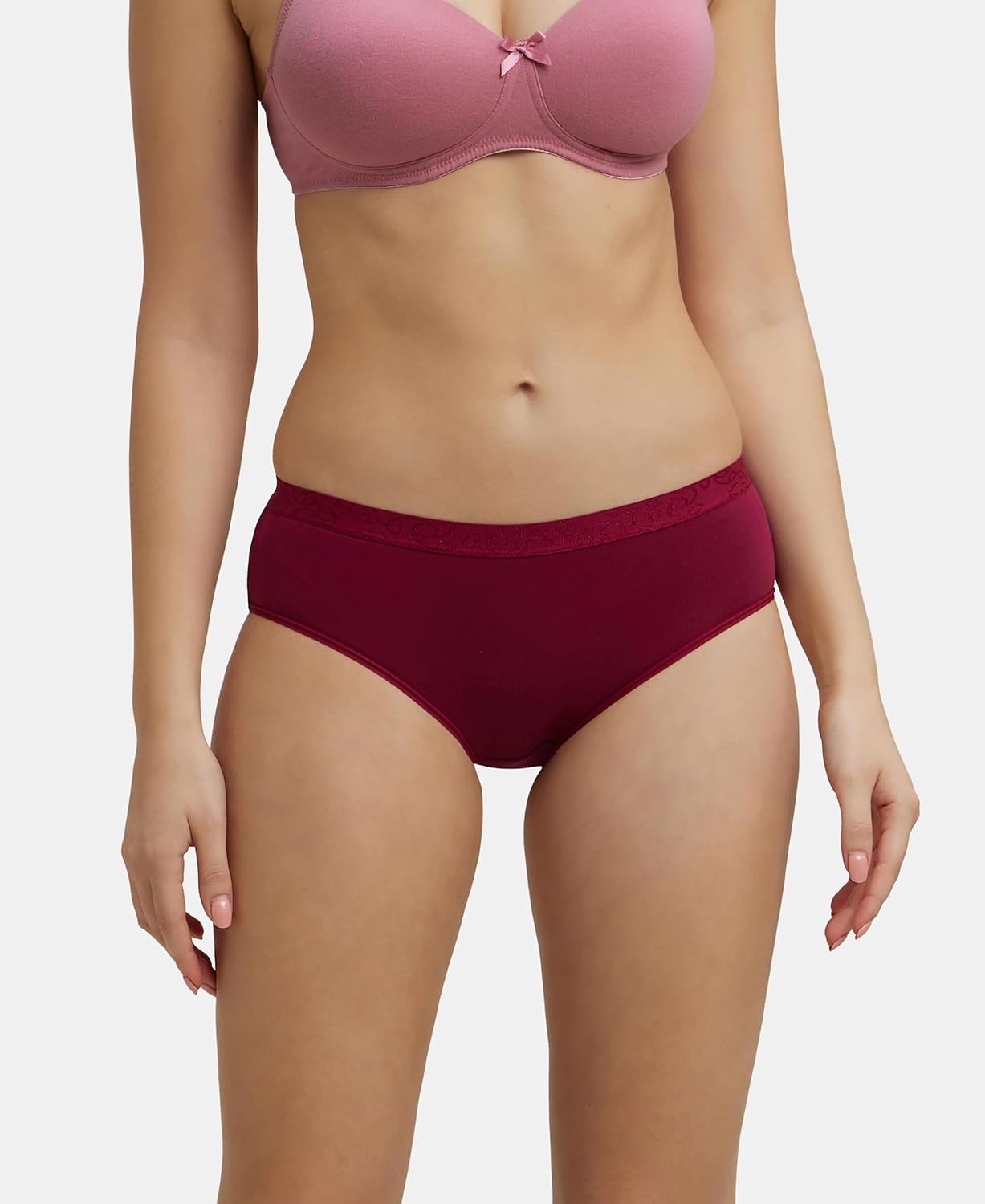 Jockey women's maroon stretch cotton hipster panty, front view on model