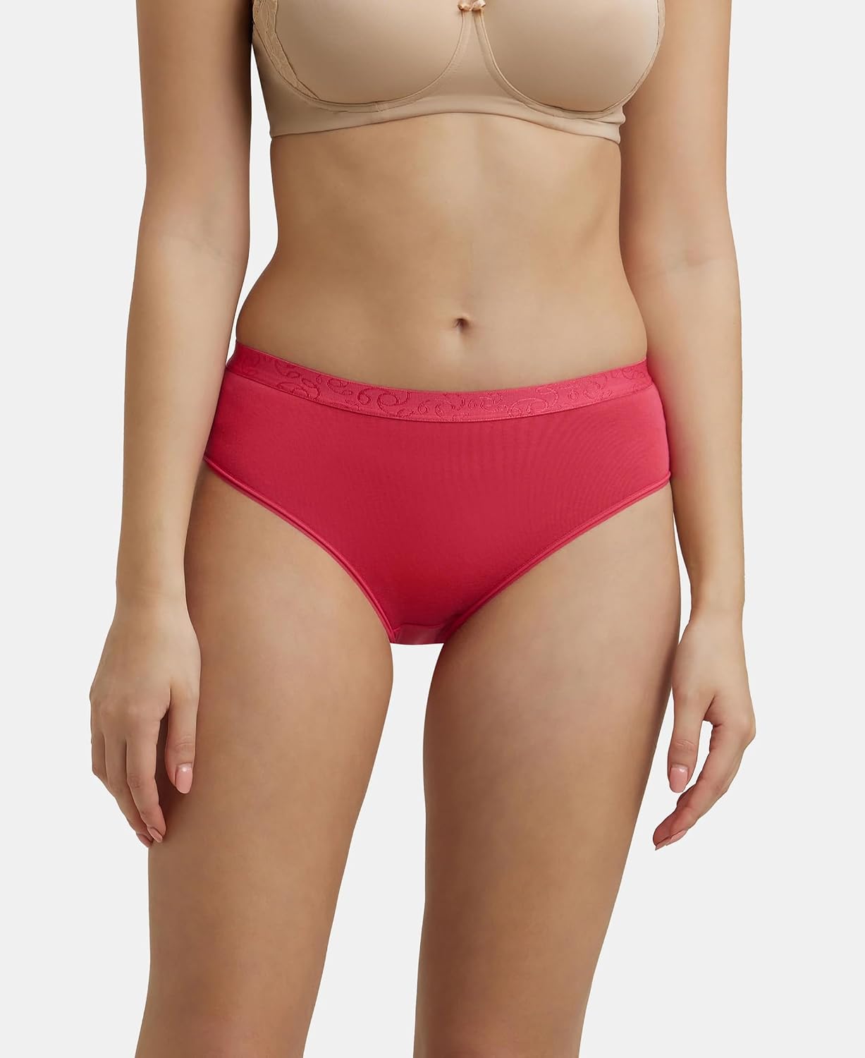 Jockey women's pink stretch cotton hipster panty, front view on model