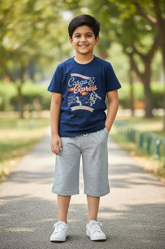 Rachit boys navy blue Cargo Express print T-shirt with grey capri set
