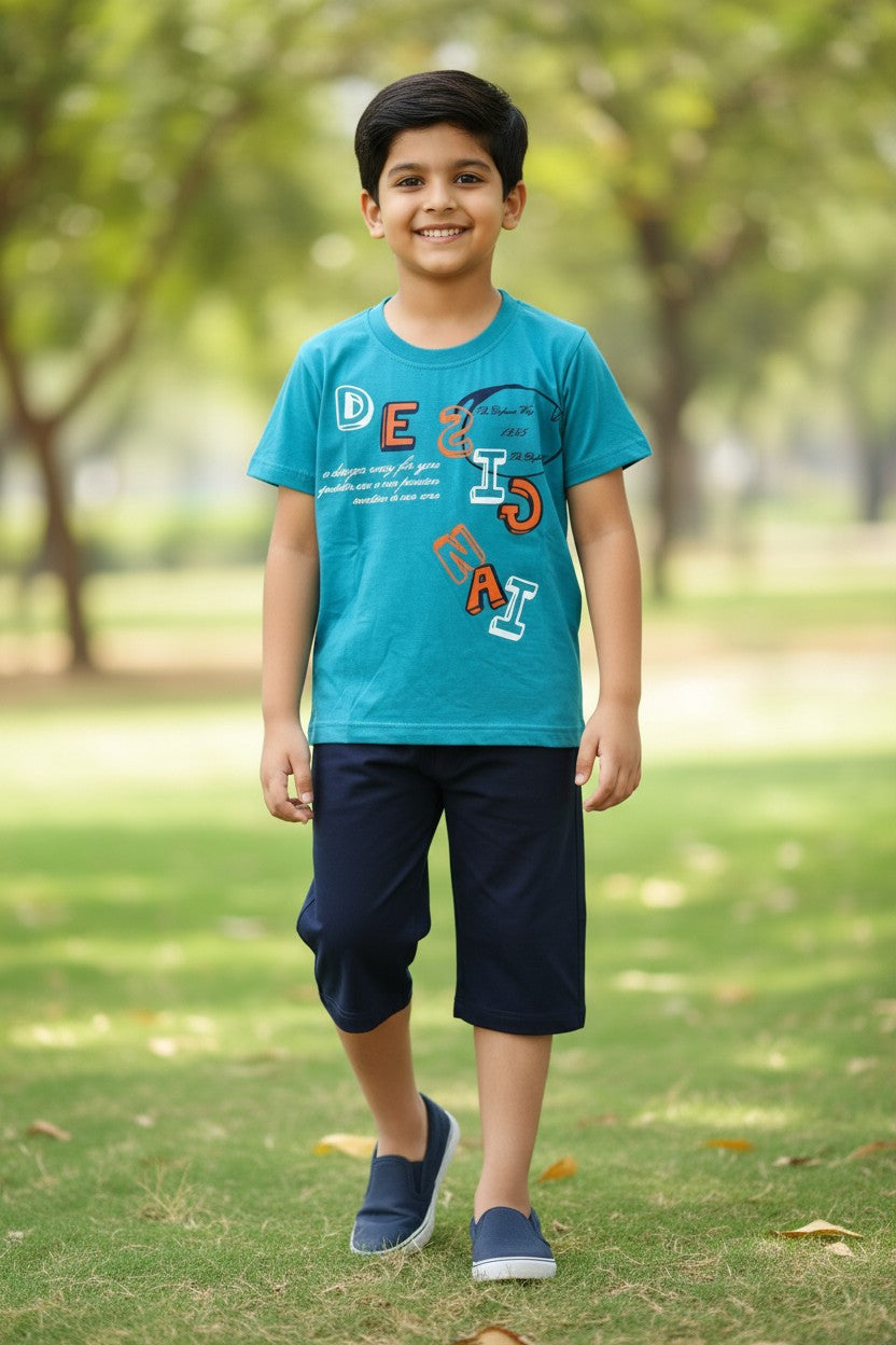Rachit boys teal Design print T-shirt with navy capri set