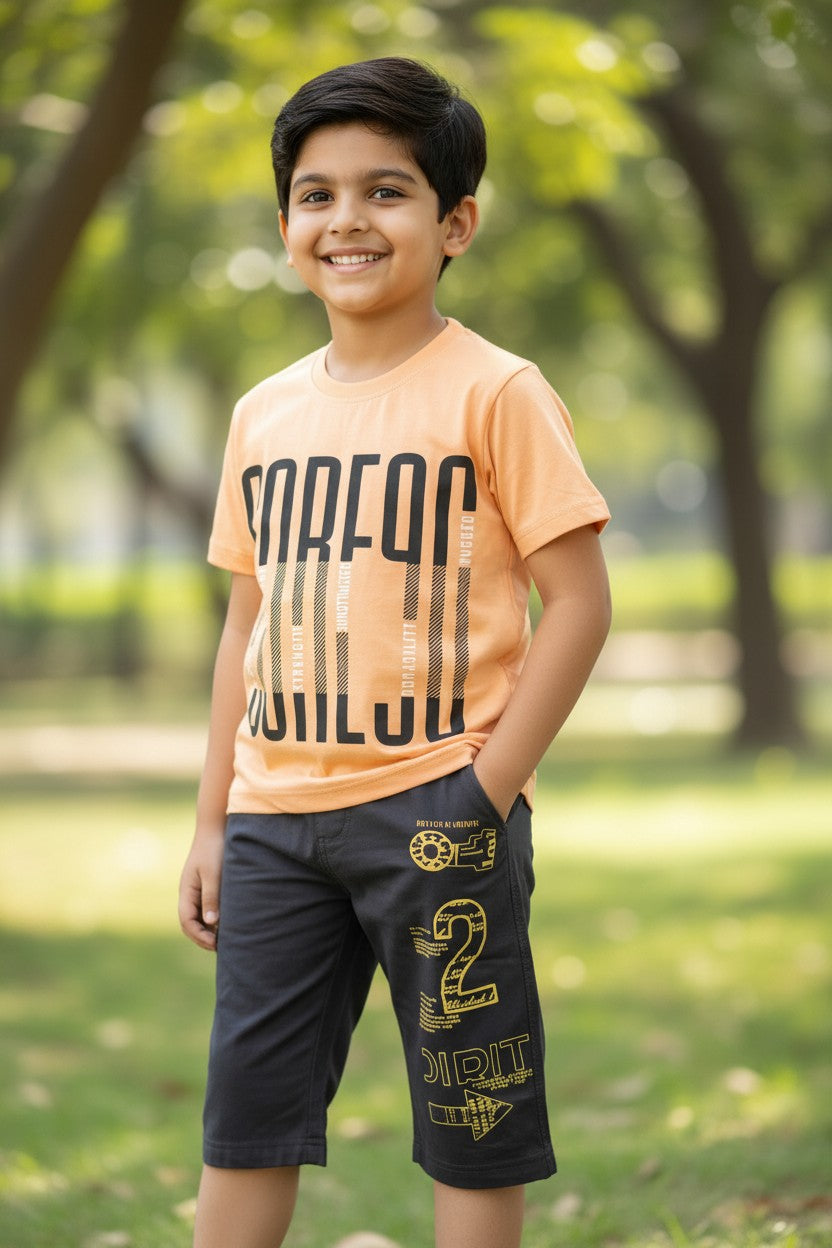 Rachit boys peach Core 99 print T-shirt with printed charcoal capri set