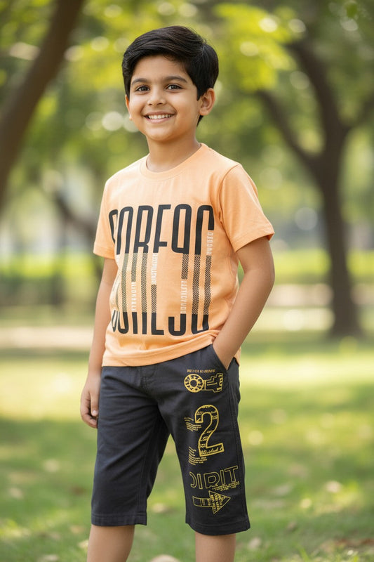 Rachit boys peach Core 99 print T-shirt with printed charcoal capri set
