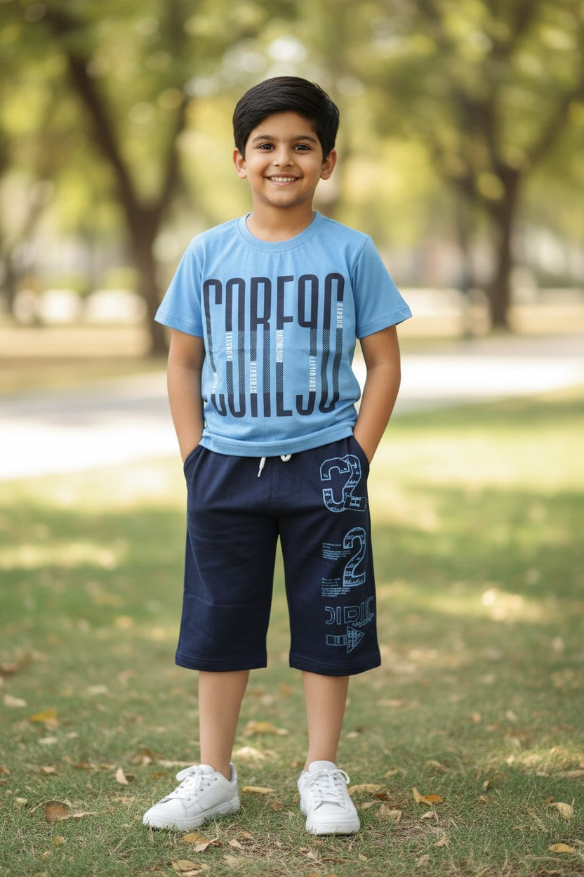 Rachit boys sky blue Core 99 print T-shirt with printed navy capri set