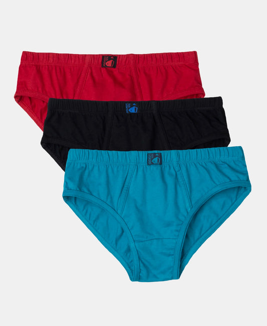Jockey boys cotton briefs in assorted red, black and teal, three shown stacked