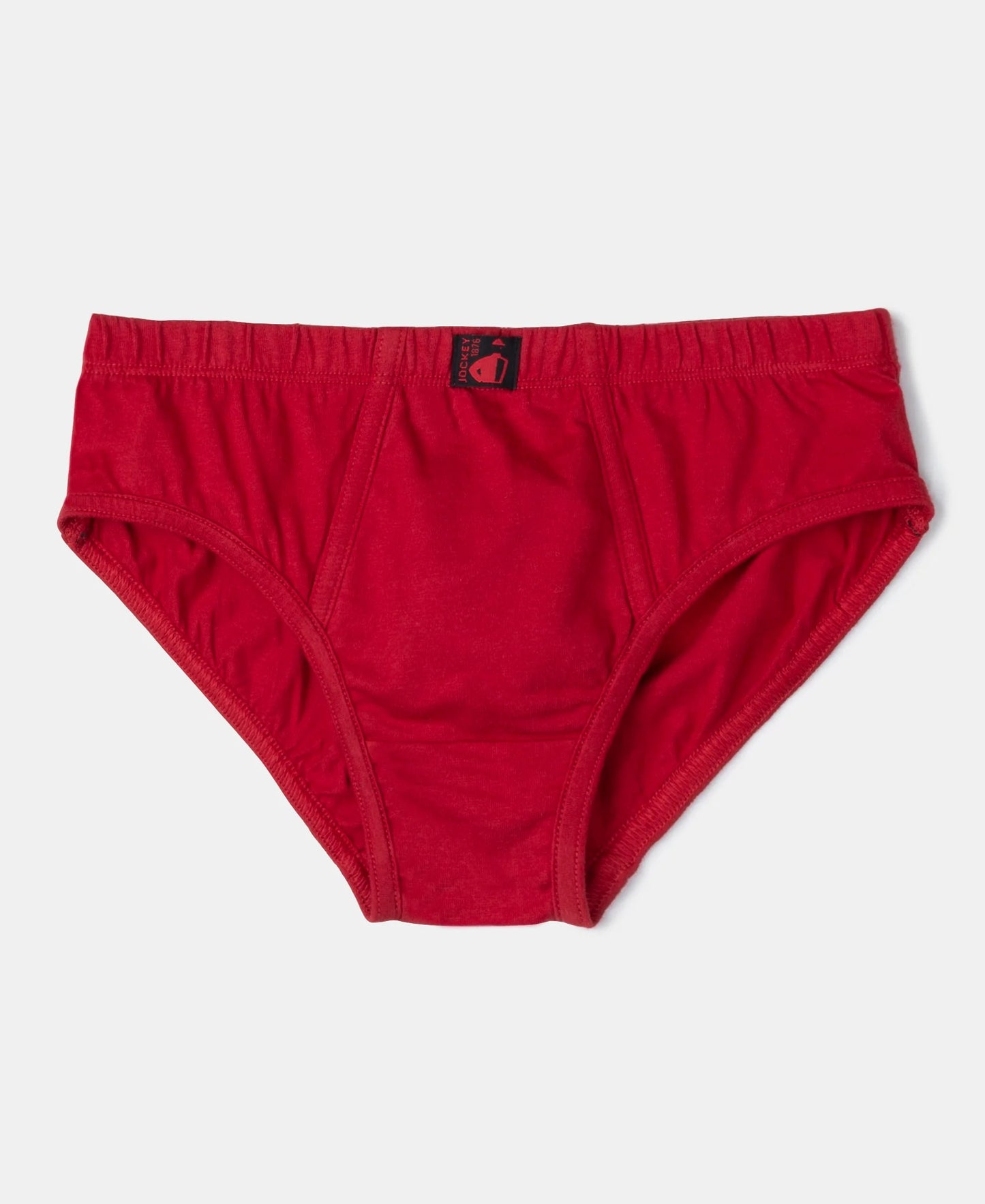 Jockey boys red cotton brief with contrast waistband, laid flat