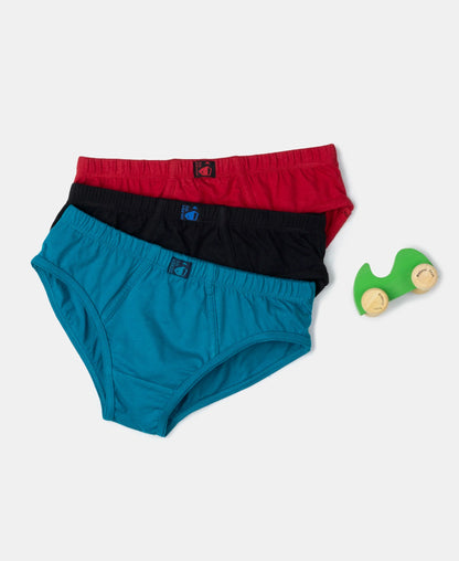 Jockey boys cotton briefs in teal and black shown with a toy
