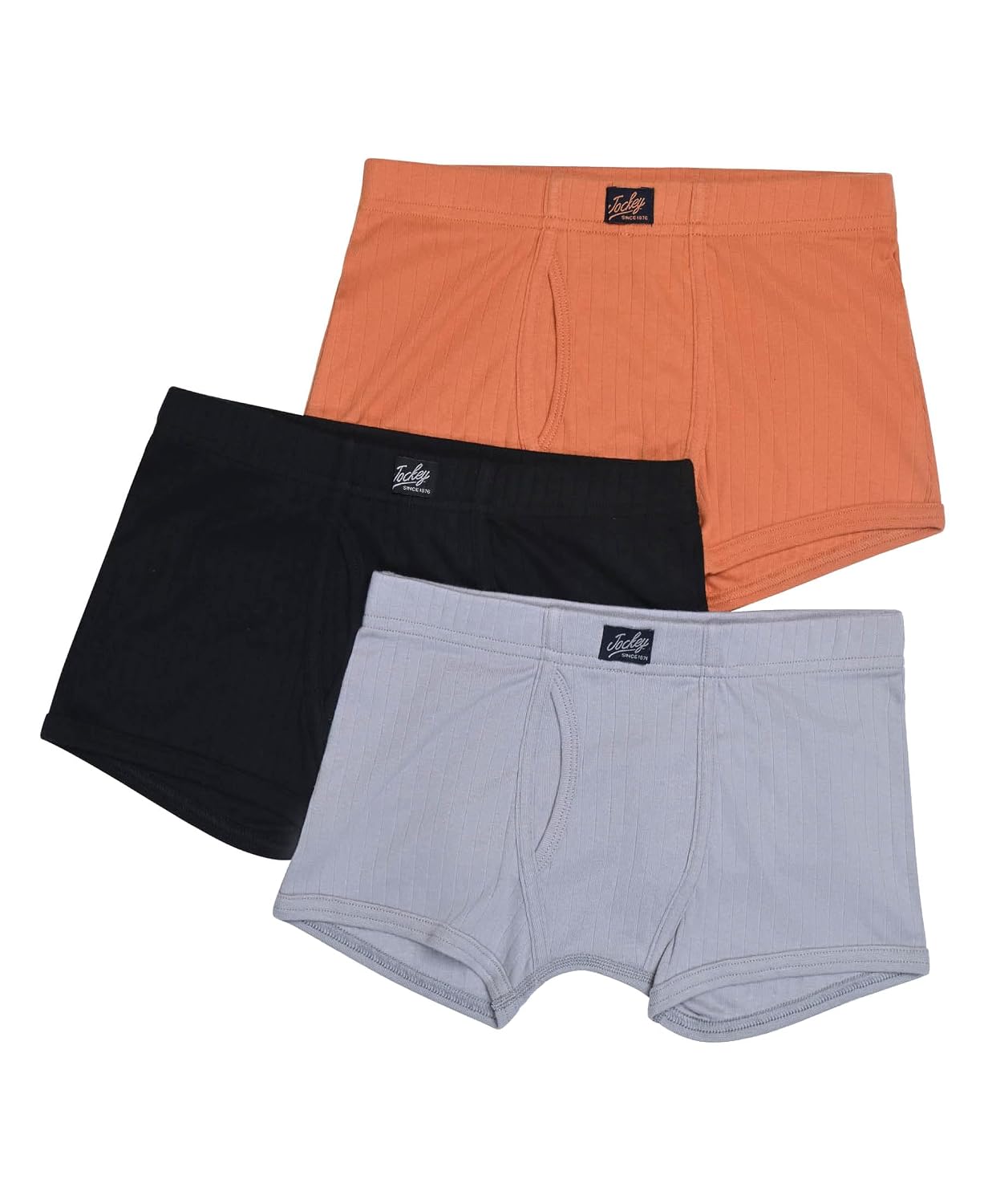 Jockey boys cotton rib trunks in black, orange and grey, shown together