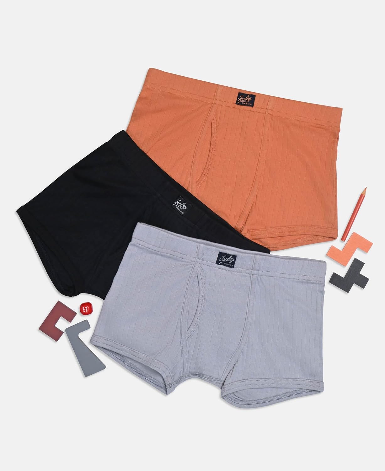 Jockey boys cotton rib trunks shown with playing cards and dice