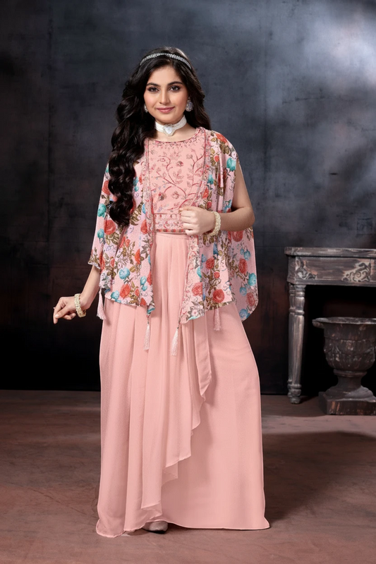 Girl in a pink floral choli and palazzo set with dupatta by Bimbee