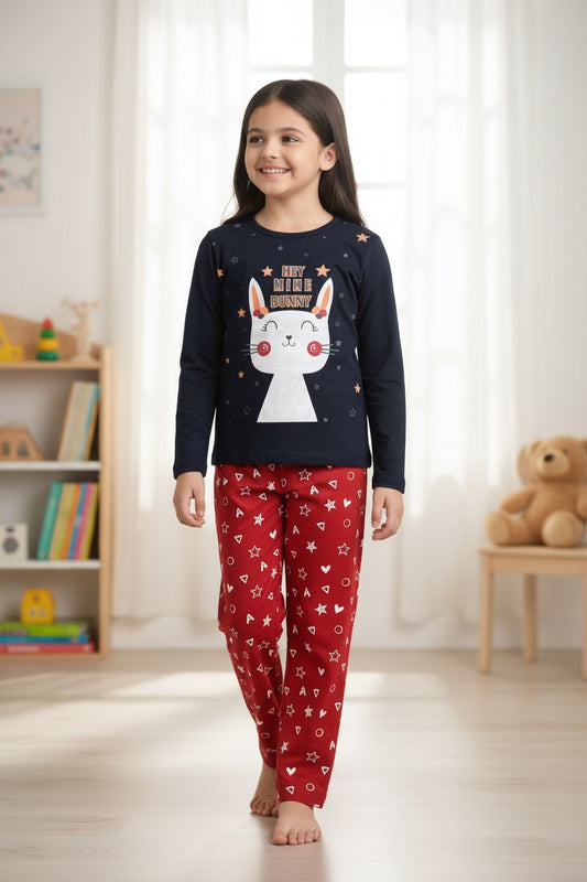 Emby Girls Bunny Print Full Sleeve Night Suit - Blue