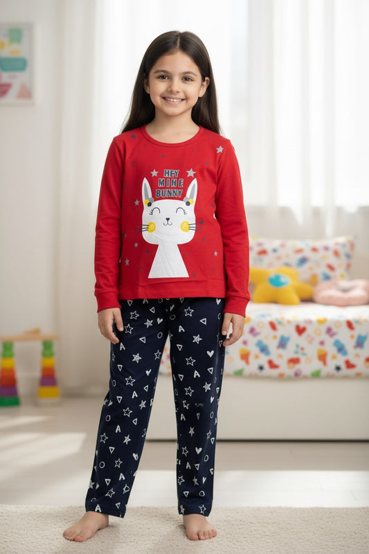 Emby Girls Bunny Print Full Sleeve Night Suit - Red