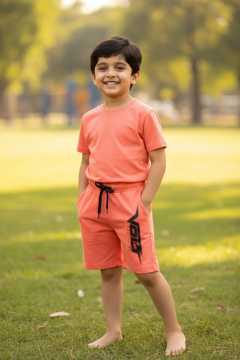 Lemon & Sugar boys sporty side print shorts in Coral
