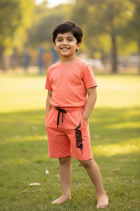 Lemon & Sugar boys sporty side print shorts in Coral