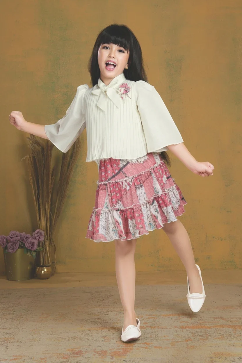 Girl in a cream pleated top with printed ruffle skirt set by Mini Angel