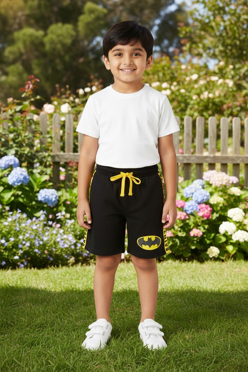 Lemon & Sugar boys superhero badge shorts in Black