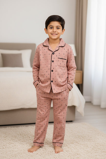 Ollypop Kids Printed Cotton Full Sleeve Night Suit - Peach