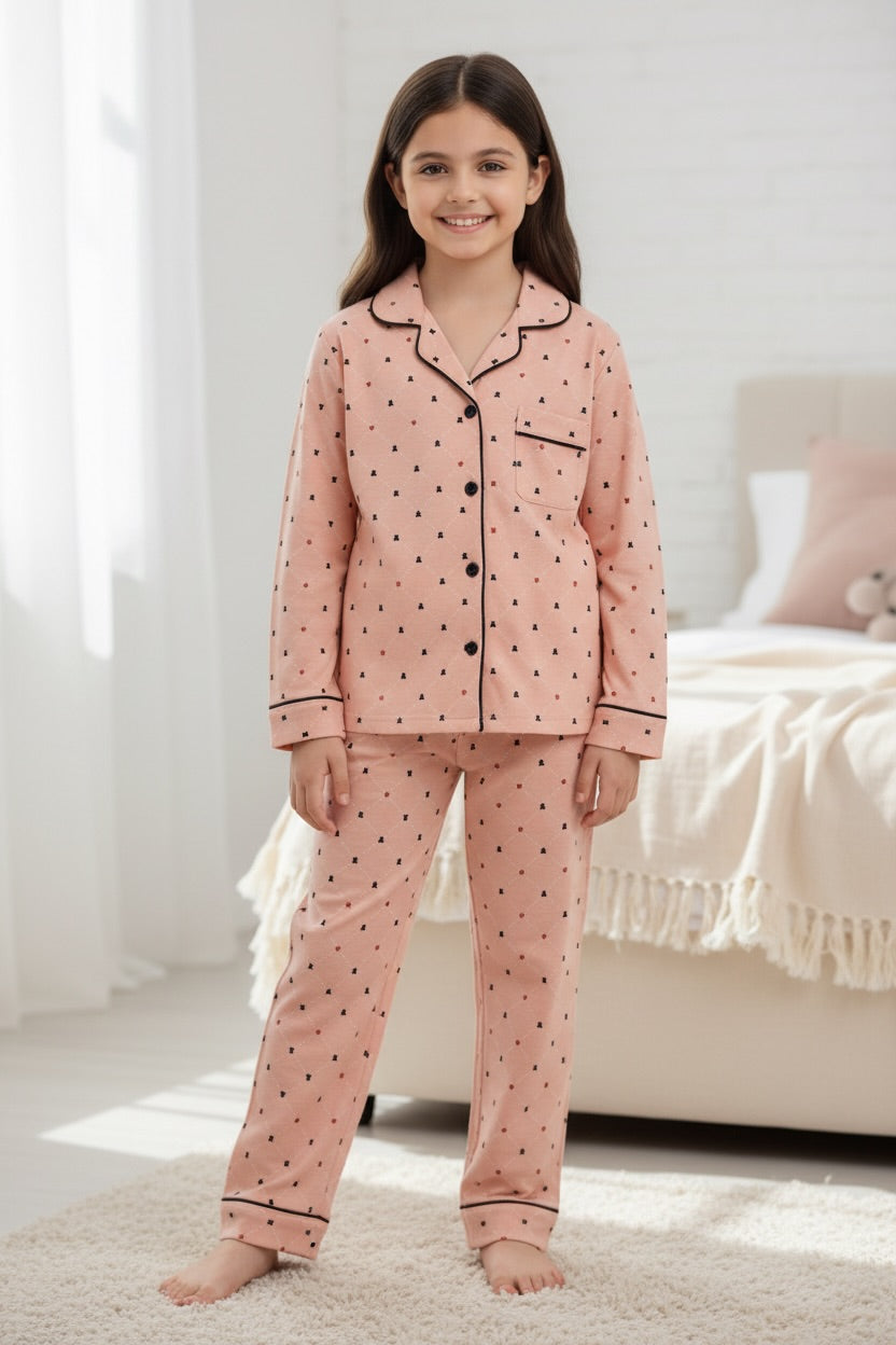 Ollypop Kids Printed Cotton Full Sleeve Night Suit - Peach detail