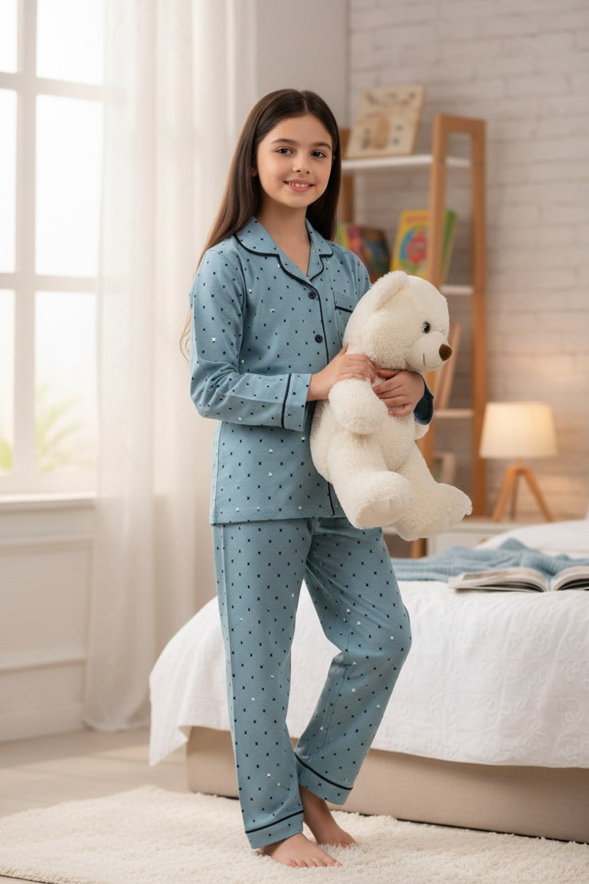 Ollypop Kids Printed Cotton Full Sleeve Night Suit - Sky Grey