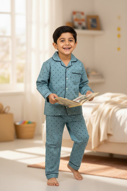 Ollypop Kids Printed Cotton Full Sleeve Night Suit - Sky Grey detail