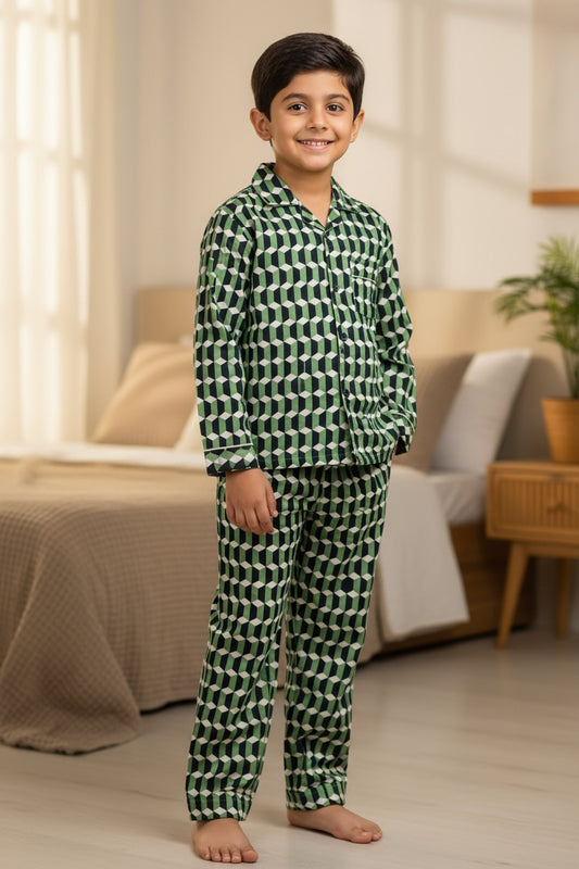 Ollypop Boys Geometric Print Cotton Night Suit - Green