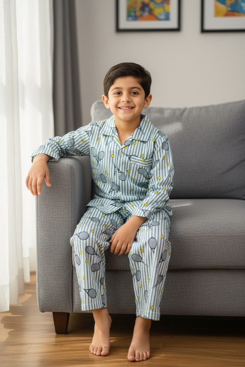Ollypop Boys Tennis Print Cotton Night Suit - Blue