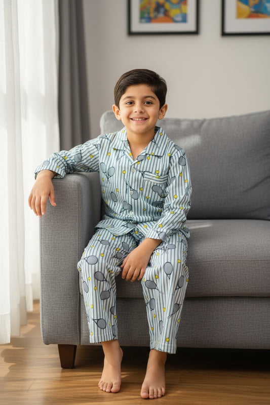 Ollypop Boys Tennis Print Cotton Night Suit - Blue