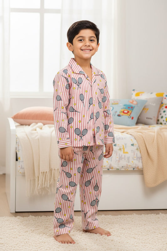 Ollypop Boys Tennis Print Cotton Night Suit - Peach
