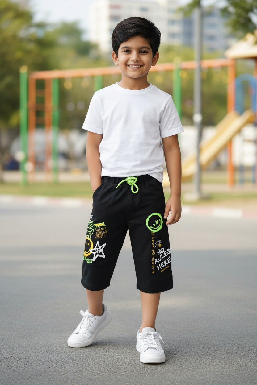 Lemon & Sugar boys graffiti print capri in Black
