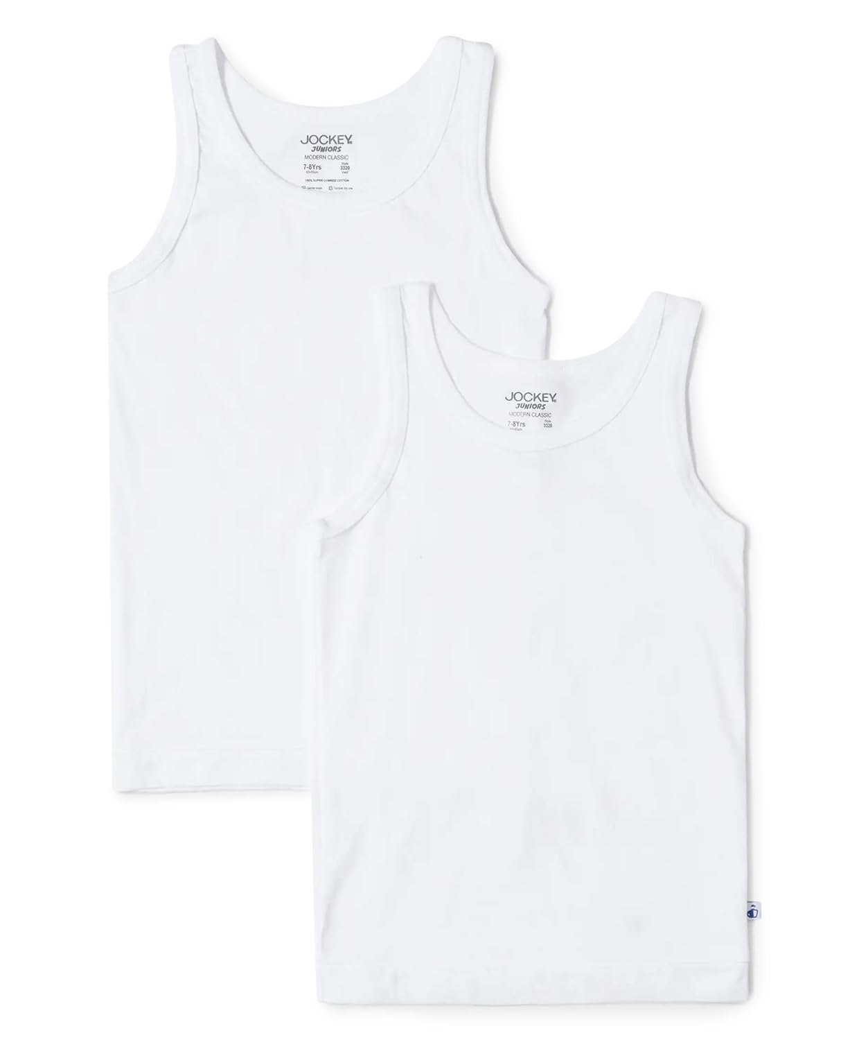 Jockey boys white sleeveless cotton vests, pack of two shown together