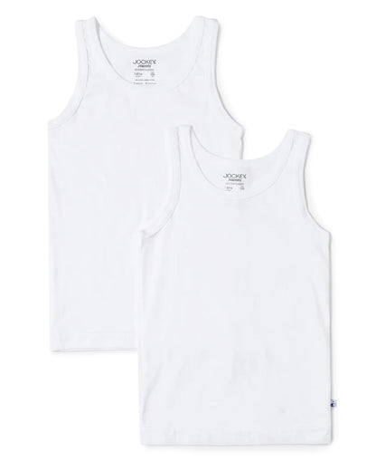Jockey boys white sleeveless cotton vests, pack of two shown together