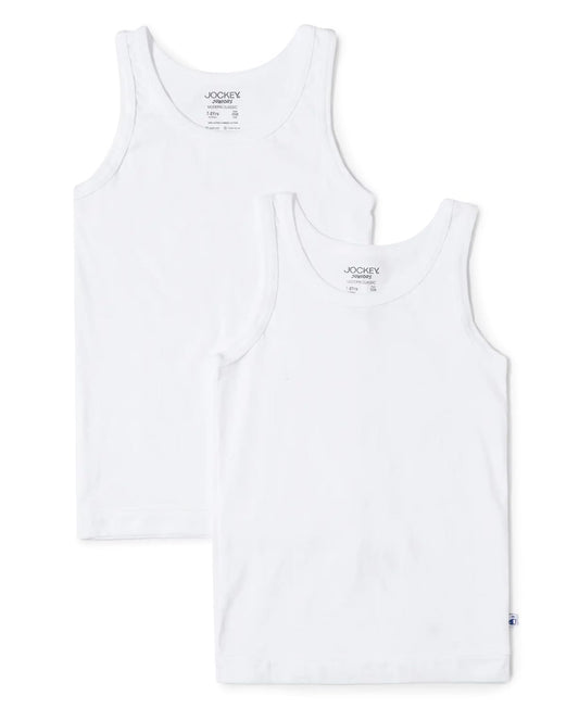 Jockey boys white sleeveless cotton vests, pack of two shown together