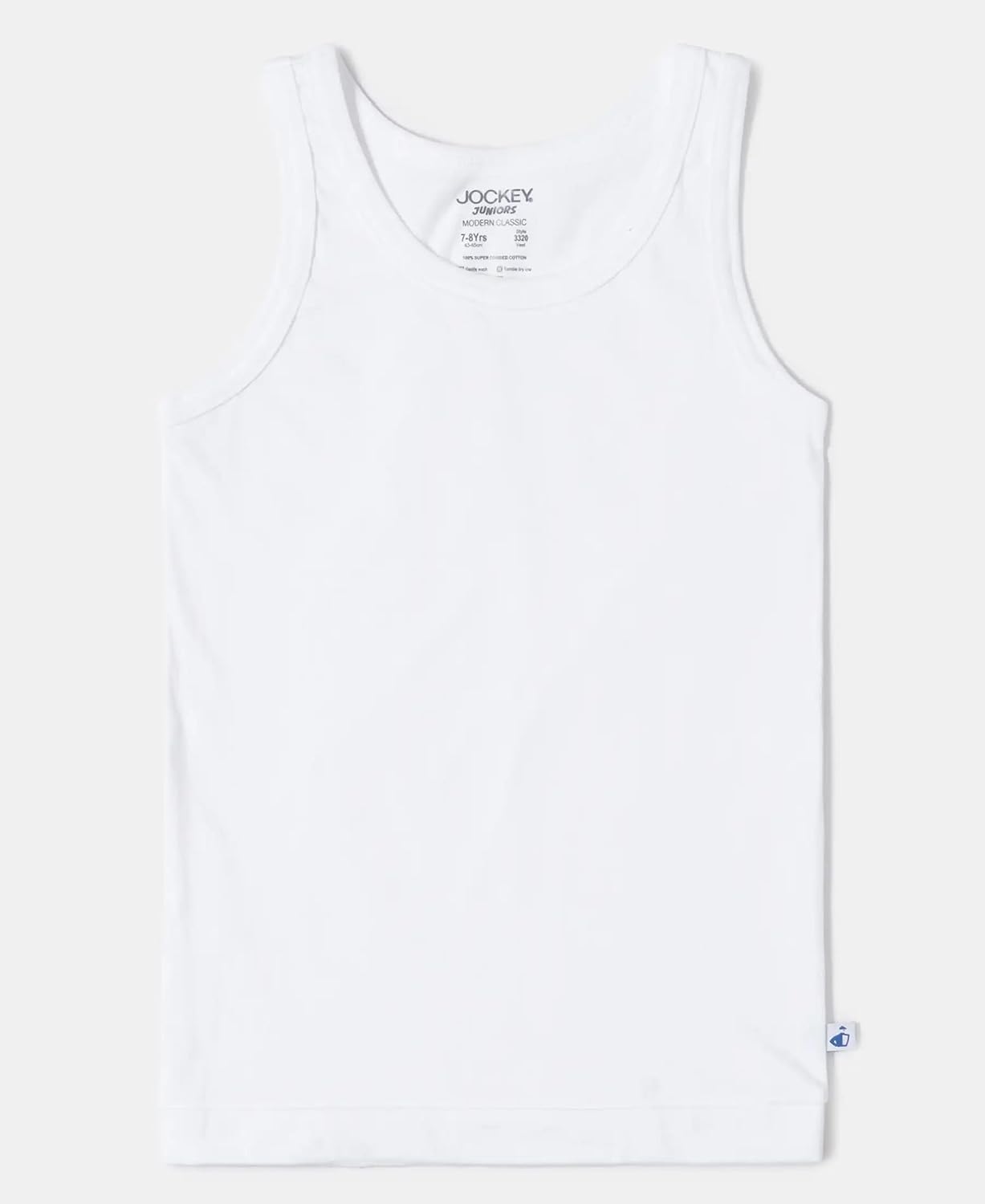 Front of a Jockey boys white sleeveless cotton vest laid flat