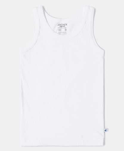 Front of a Jockey boys white sleeveless cotton vest laid flat