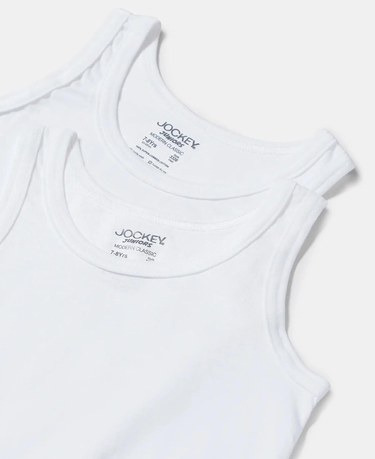 Jockey boys white cotton vest shown at an angle with the shoulder straps visible